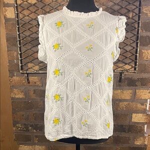 Shannon Ford New York Floral Embroidered White Yellow Floral Semi Sheer Top